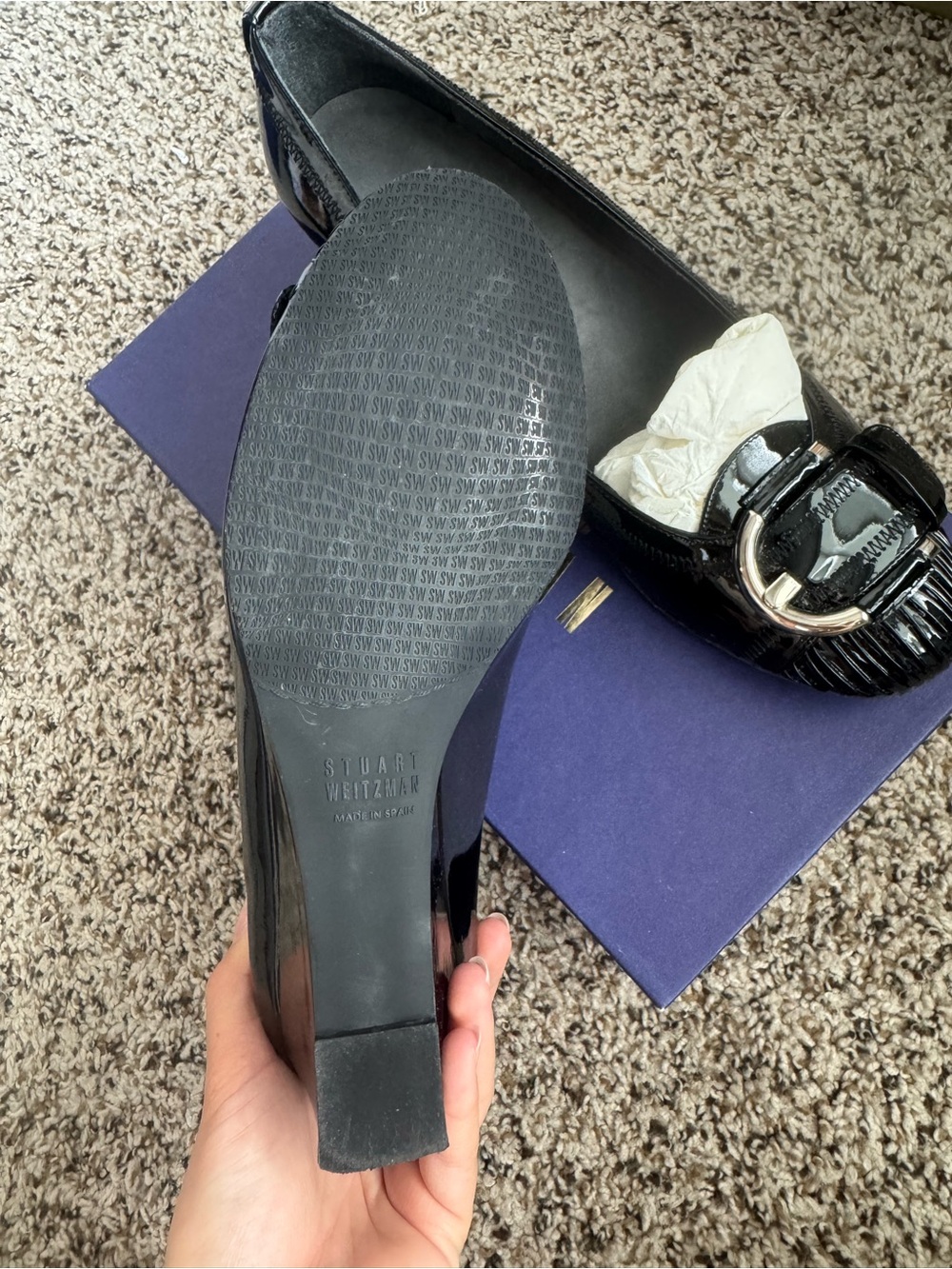 Stuart Weitzman Black Patent Leather Buckle Pleatolo Wedge - Picture 4 of 5